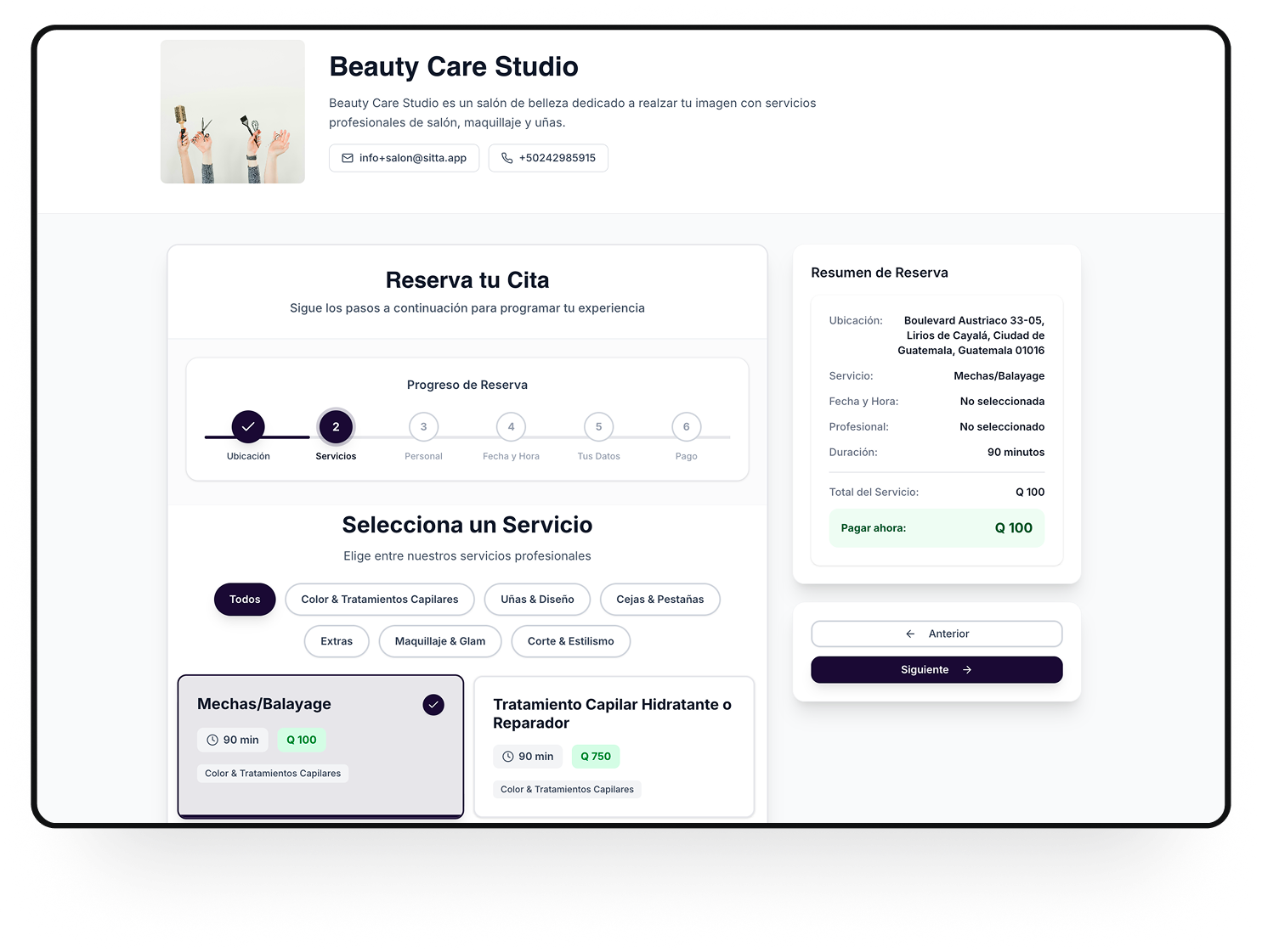 Página de reservas de Sitta